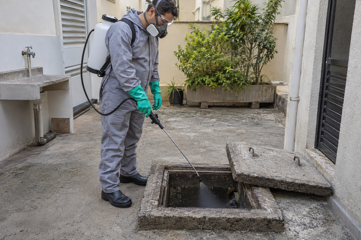Pulverização de inseticida em ralo de área externa