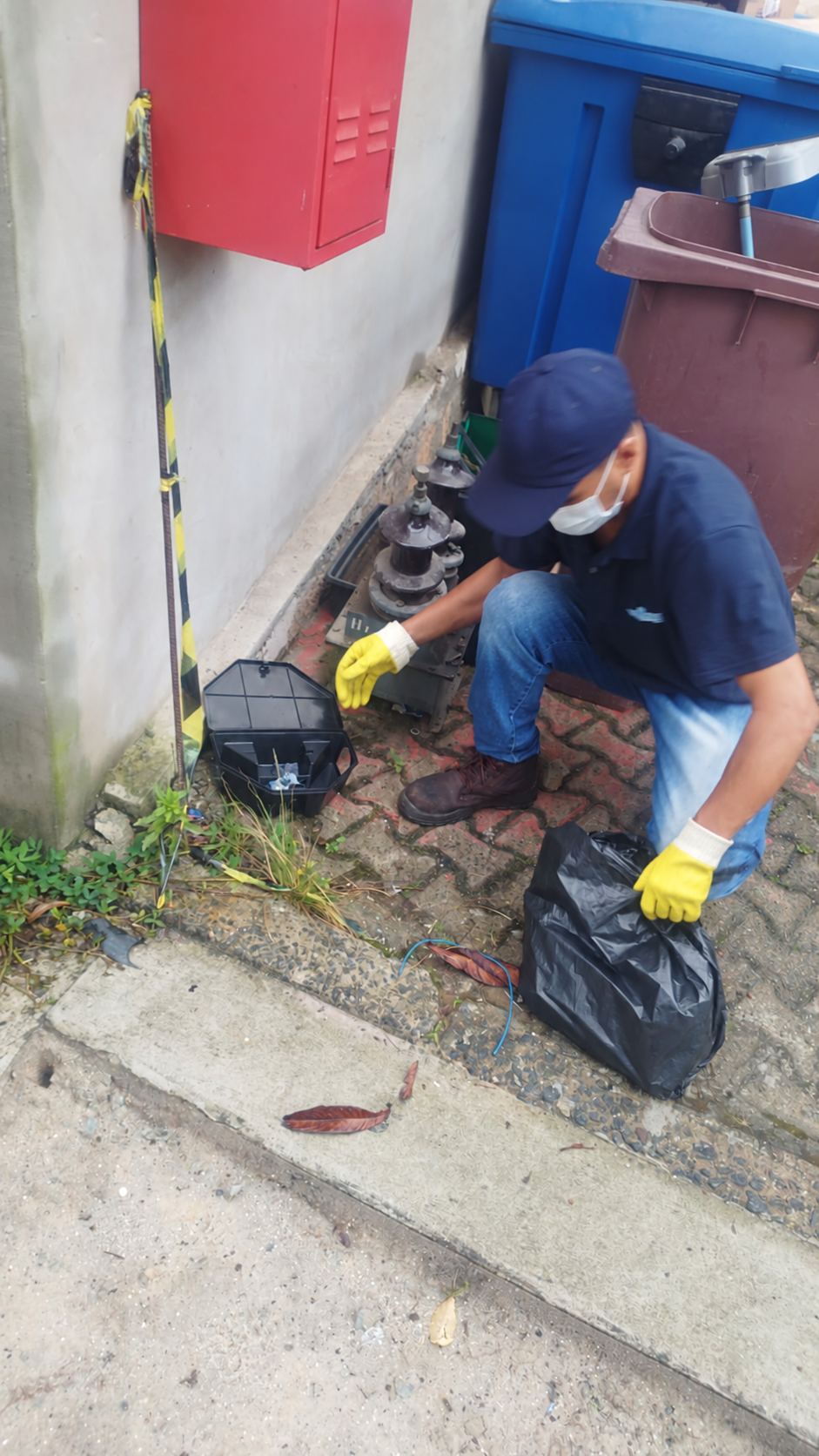 Técnico da Angel Controle de Pragas verificando porta-isca para controle de roedores